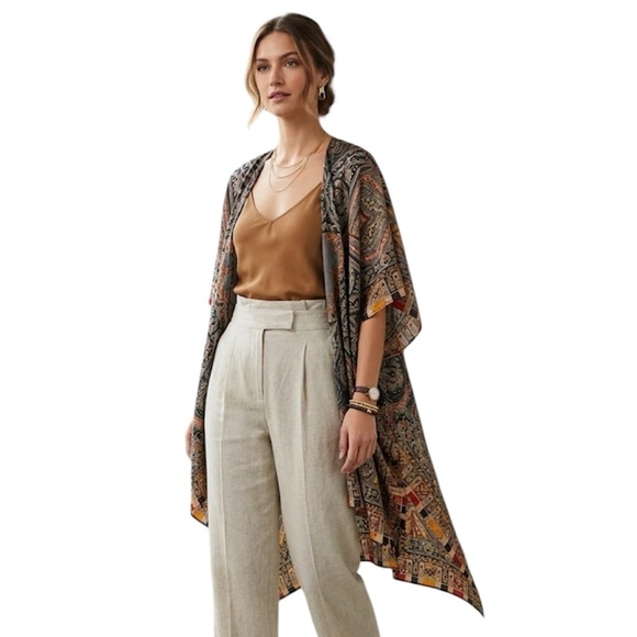 Boho Silk Paisley Black Gold Caftan Kimono Open Front Cover Up One Size - Picture 5 of 5